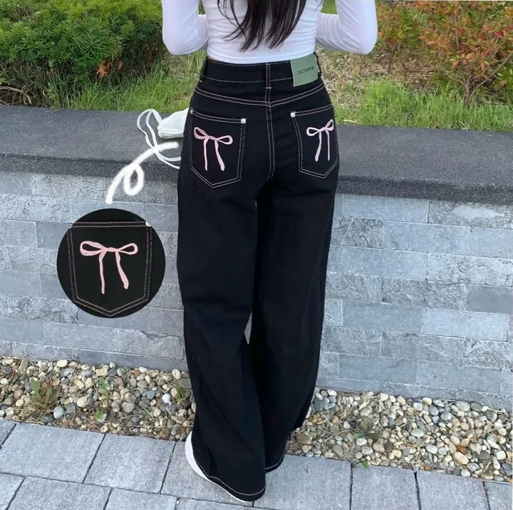 Made![리본포인트🎀/깔끔핏] 핑크 스티치 리본 자수 하이웨스트 와이드팬츠 스트레이트핏 데님 롱팬츠 자체제작 상세 이미지 1