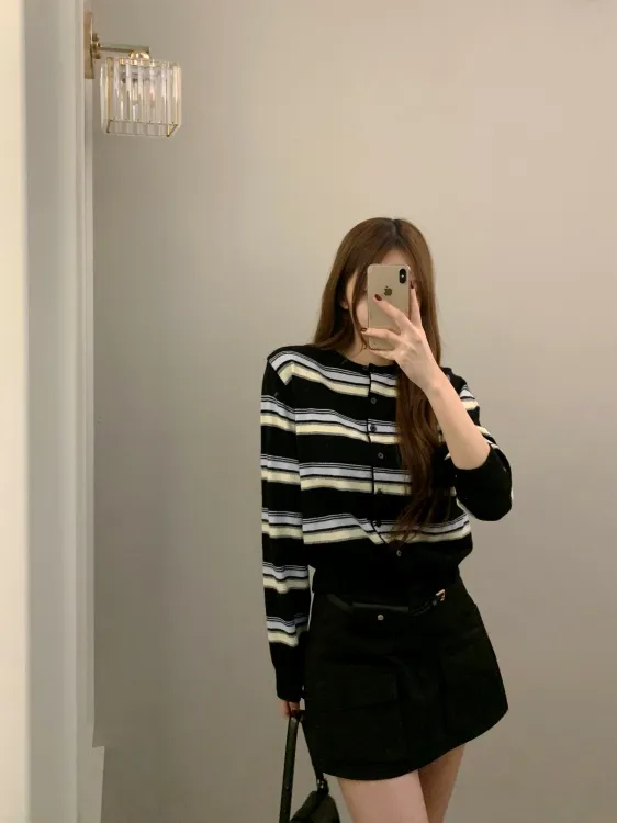 *캐시미어*오리온 비비드 배색 스트라이프 단가라 나트 캐주얼 데일리 가디건 3color 상세 이미지 1