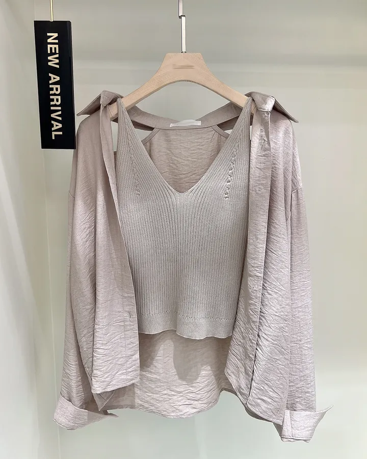 [투피스SET🎀] 브이넥 니트 끈나시 셔츠 셋업 SET [2color] 상세 이미지 9
