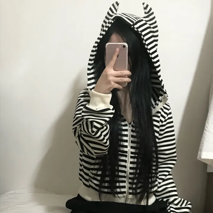 cat devil stripes hood zip up 고양이 뿔 스트라이프 후드집업 상세 이미지 1
