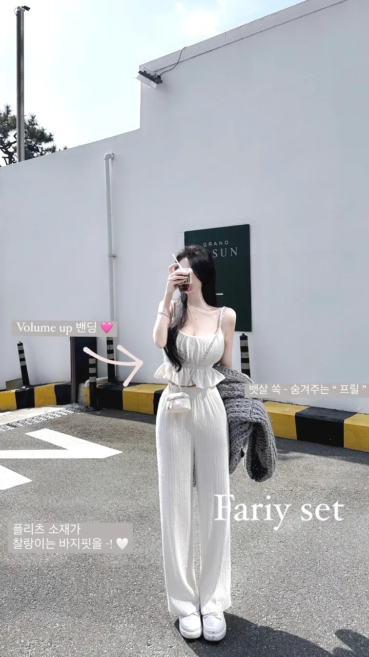 세트가격* 요정룩🩷 Fairy set - 2color / 투피스 셋업 휴양지 코디세트 나시 끈나시 크롭 탑 일자 롱팬츠 와이드팬츠 츄리닝 트레이닝 바지 하의 개강룩 봄 밴딩 상세 이미지 1