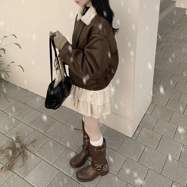 [양털안감] 스웨이드 무스탕 퍼카라 뽀글이 크롭자켓 점퍼 키작녀 추천 상세 이미지 18