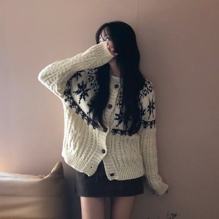 [눈꽃❄]스노우 노르딕 도톰 라운드 니트 긴팔 가디건 2color 상세 이미지 17