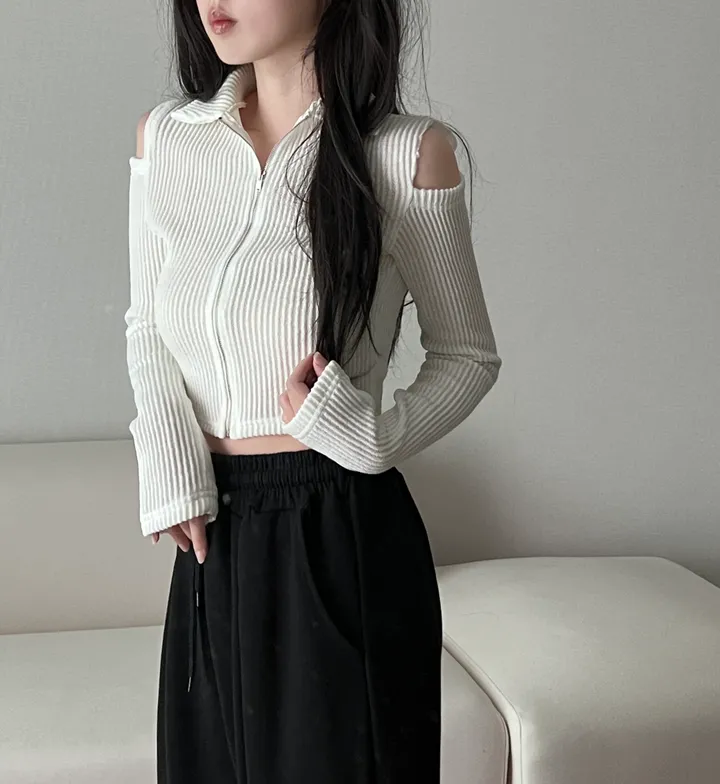 [볼레로ver 추가!] 어깨트임 숄더 컷아웃 골지 크롭 카라 슬림 지퍼 긴팔 집업 3color 차콜 블랙 아이보리 상세 이미지 7