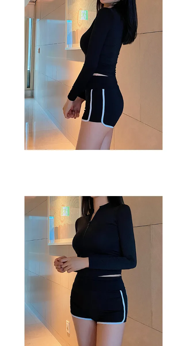 [주문폭주] 플레인 실내 비치웨어 스윔웨어 집업 긴팔 래쉬가드 수영복(아이보리/블랙) 상세 이미지 13