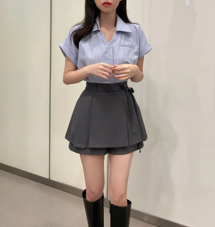 [자체제작] 아토 핀턱 와이드 밴딩 미니 스커트 팬츠 (치마바지,핀턱스커트,팬츠,숏팬츠,벨트팬츠,울스커트,기모스커트,핀턱슬랙스,울미니스커트,미니스커트,핀턱미니스커트) 상세 이미지 17
