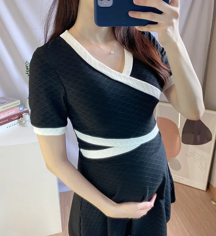 [속바지세트/3size] 클래식 배색 랩 원피스 수영복 반팔 빅사이즈 모노키니 만삭 임산부 태교여행 임부복 상세 이미지 9