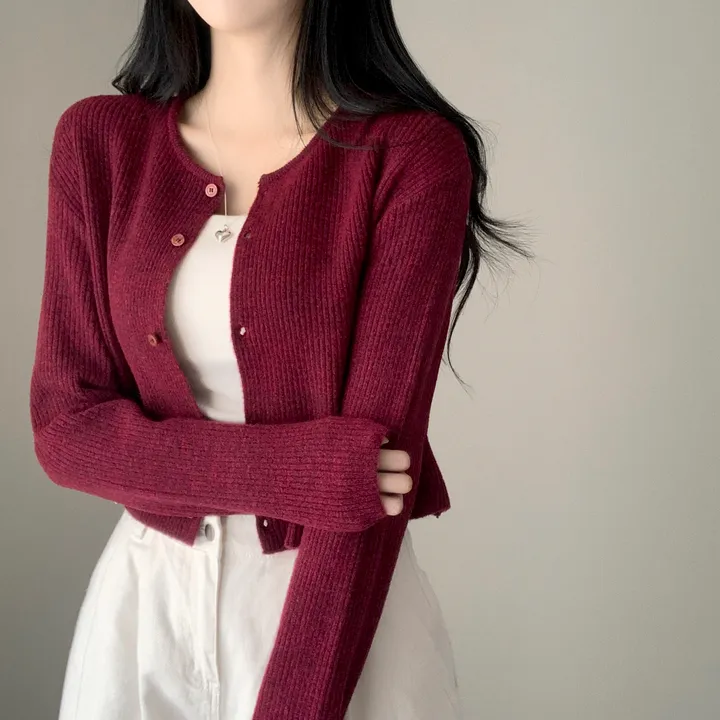 [캐시울/만족도100%] 크렌베리🍇 여리핏 캐시울 아크릴 라운드 골지 크롭 긴팔 가디건 상세 이미지 6