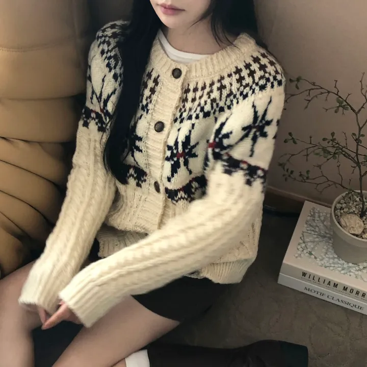 [눈꽃❄]스노우 노르딕 도톰 라운드 니트 긴팔 가디건 2color 상세 이미지 12