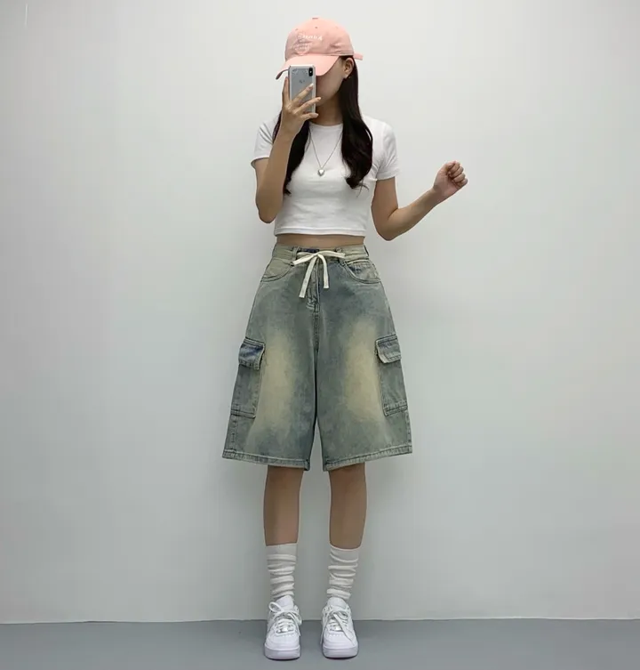 [인생버뮤다/~XL/5부기장] 버블 빈티지 워싱스트링 카고 버뮤다팬츠 5부 데님팬츠 청반바지 숏팬츠 여름팬츠 선데이이브닝 상세 이미지 10