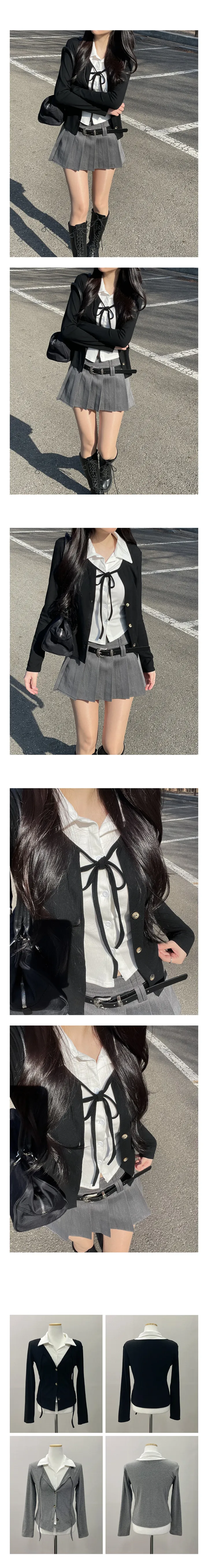 [셔츠가디건set🖤] 다키 레이어드 스트랩 리본 버튼 일체형 셔츠 가디건 상세 이미지 5
