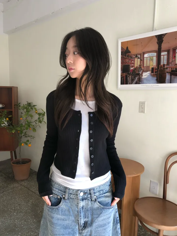슬림핏 숏 골지 가디건 상세 이미지 5