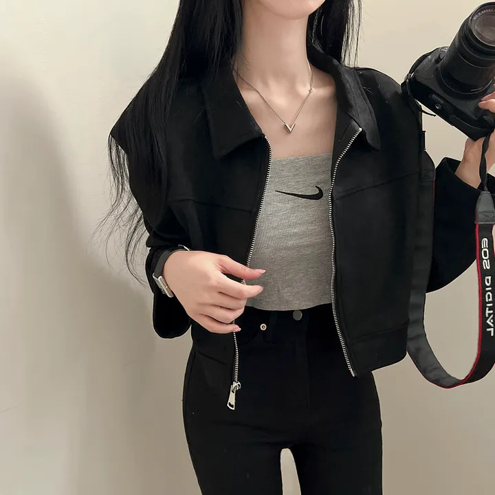 [어깨패드O] 어텀 스웨이드 절개 카라 크롭 자켓 집업 상세 이미지 23