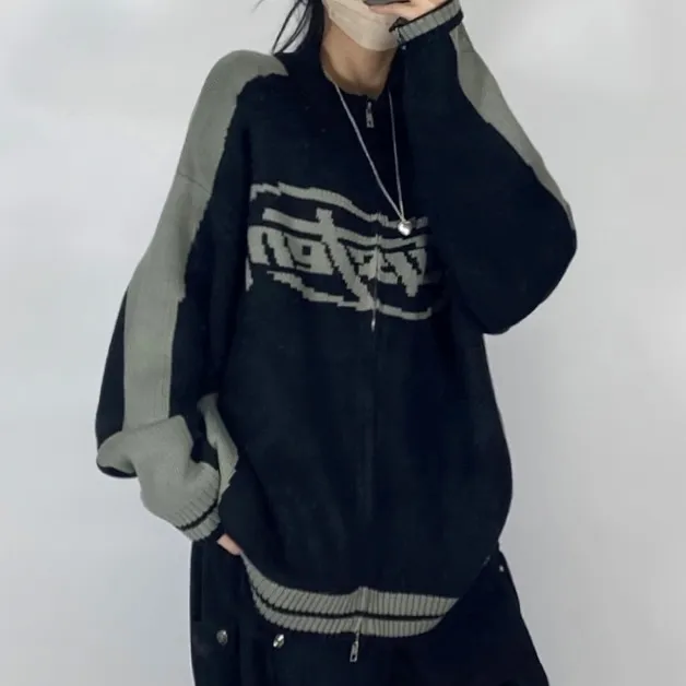 [~3XL] 빈티지 힙무드 박시니트집업💝 배색 나그랑 스트릿/투웨이 남녀공용 커플 빅사이즈 [4070] 상세 이미지 18