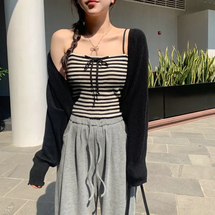 [너무예뻐🐾가디건SET] 자체제작 벌룬 골지 볼레로 니트 가디건 + 단가라 슬림 리본 나시 세트 투피스 세트웨어 SET 스트라이프 탑 사계절 블랙 봄 간절기 새학기룩 1COL 상세 이미지 27