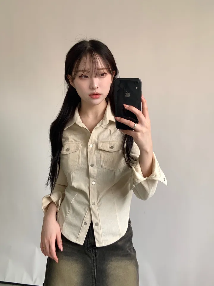 [주문폭주!]코듀로이 슬림 세미 크롭 버튼 셔츠 상세 이미지 3