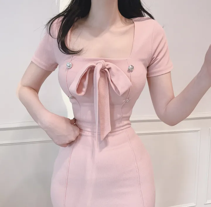 ᰔ첫눈에반함ᰔ 라보 스퀘어넥 리본 반팔 크롭 + H라인 미니스커트 투피스 세트 (2colors) 상세 이미지 4