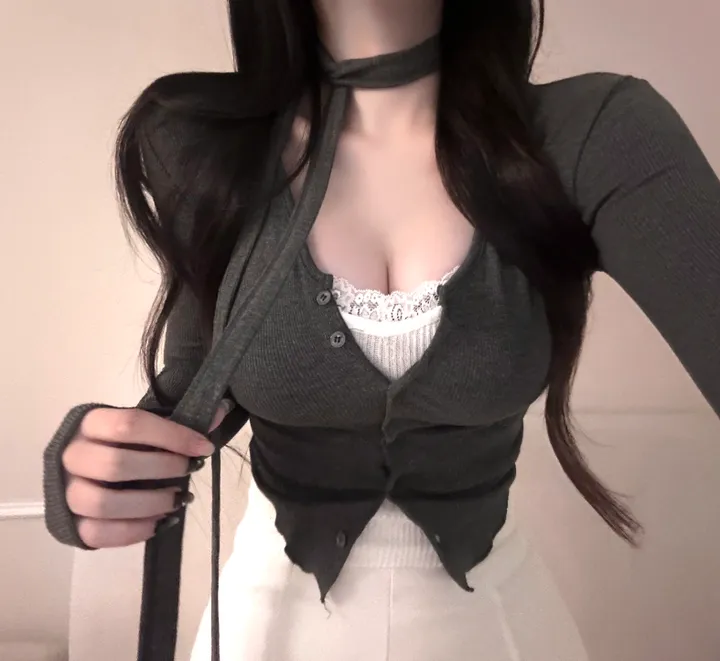 [리얼핏보장!!/타이set] 섹시글램 슬림핏 여리 가디건 스카프 세트 투피스 크롭 버튼 브이넥 모달 스판 여친룩 베이직 기본 레이어드 데일리 데이트룩 봄 가을 신상 청순 여신룩 상세 이미지 7