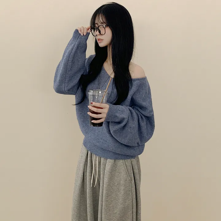 [청순힙✨폭닥] 흐르는 여리핏, 보트 브이넥 오버핏 원오프숄더 아방핏 긴팔니트 빅사이즈 상세 이미지 9
