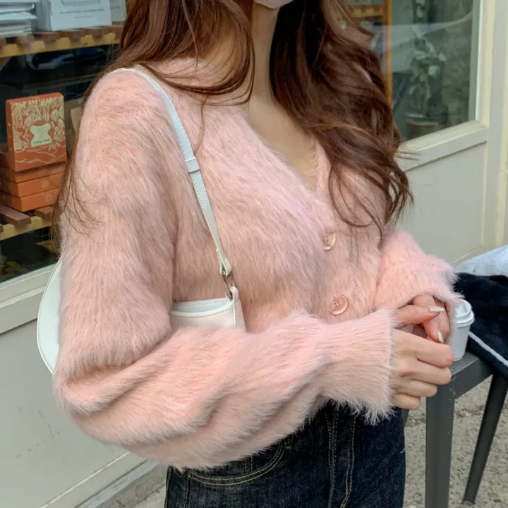 [심쿵핏/털빠짐X] 따뜻 도톰 파스텔 루즈핏 앙고라 모헤어 크롭 브이넥 벌룬 소매 깃털 퍼 니트 가디건 상세 이미지 52