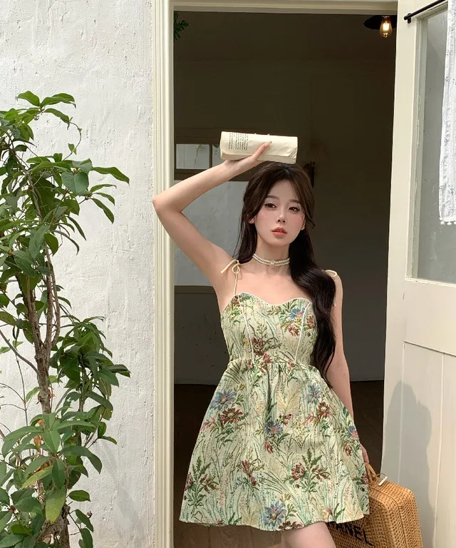 🚀마지막재고1장당일발송💙플라워패턴 바캉스룩 미니원피스 그린