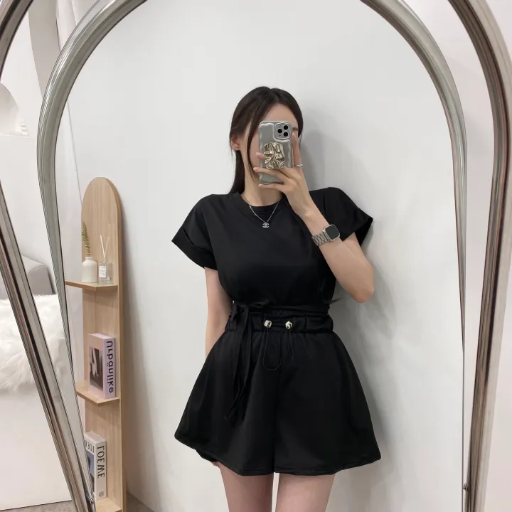 [set!]리본 뒷트임 롤업 캡소매 반팔티+플레어 숏팬츠 반바지 투피스 트레이닝 세트 2color 상세 이미지 9