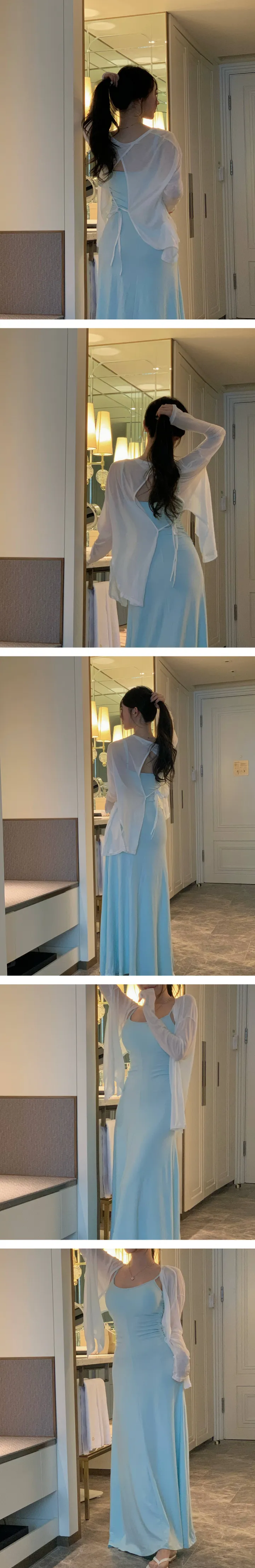 공항SET✈️[원피스+가디건세트] 캡내장⭕ 쫀쫀 스판 셔링 이너 맥시 끈 나시 롱원피스 커버업 여리 리본 백 트임 롱 언발 시스루 가디건 세트 원피스세트 상세 이미지 9