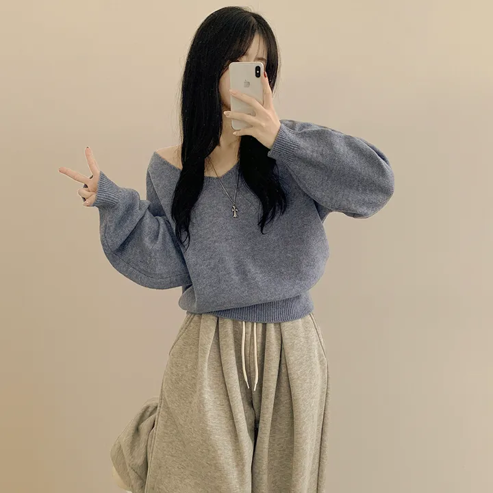 [청순힙✨폭닥] 흐르는 여리핏, 보트 브이넥 오버핏 원오프숄더 아방핏 긴팔니트 빅사이즈 상세 이미지 12