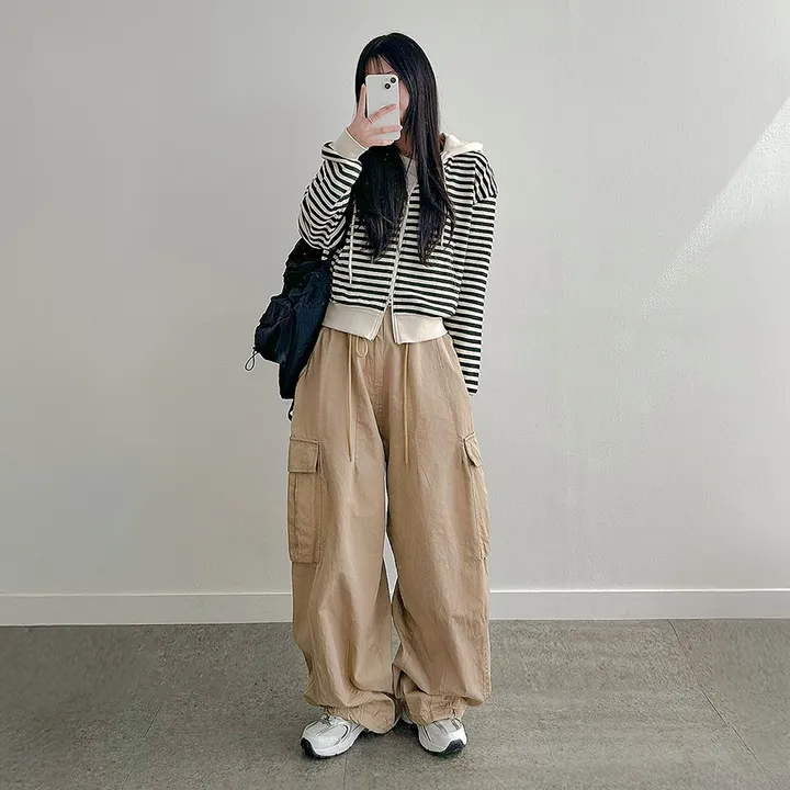 [캐주얼힙/투웨이] 스트라이프 단가라 배색 투웨이 지퍼 세미크롭 얇은 후드 집업 점퍼 봄 가을 간절기 아우터 모즈잔줄배색후드집업 상세 이미지 22