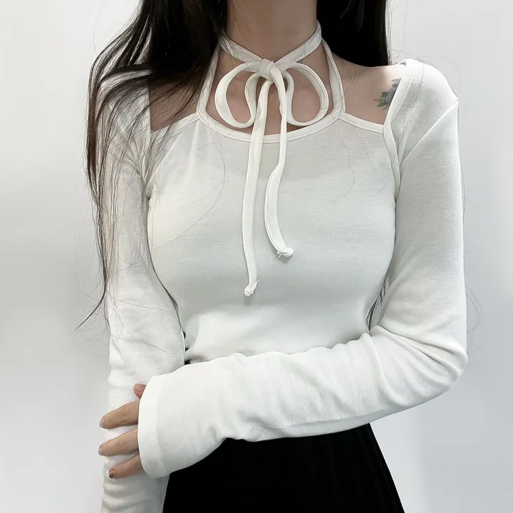 봄신상🌺 [모델강추/3color] 홀터넥 리본 스트랩 어깨 트임 티셔츠 상세 이미지 16