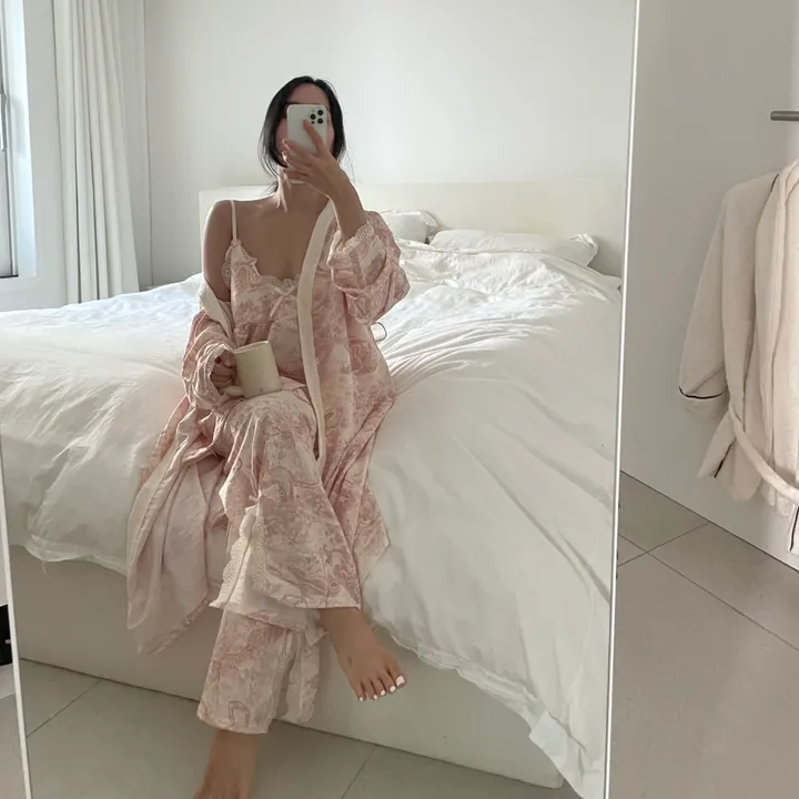 [당일출고]캡내장 파스텔 상의+긴바지+로브가디건 3pcs 잠옷 홈웨어 세트(2color) 상세 이미지 6