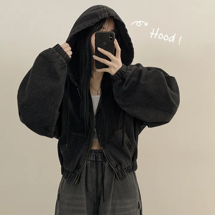[왕박시/아방핏✨] 데님 빅후드 투웨이 청자켓 후드집업 숏점퍼 연청 흑청 개강룩 캠퍼스룩 빅사이즈 상세 이미지 3