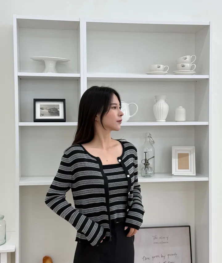 문의 폭주/봄신상 피코 부드러운 스프라이프 단가라 나시 가디건 세트 벚꽃 데이트룩 추천 (4color) 상세 이미지 22