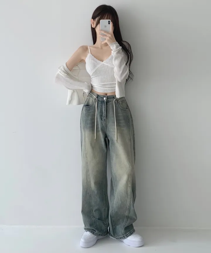 [색감깡패🖤/끈탈부착O] 미드나잇 뒷밴딩 스트링 스트랩 하이웨스트 절개라인 빈티지 워싱 롱 와이드 데님 팬츠 밴딩바지 청바지 사계절청바지 상세 이미지 9