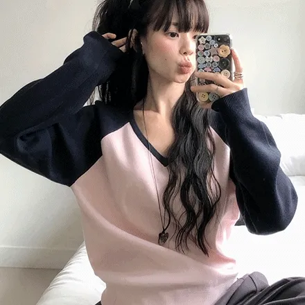 [가을니트🍂/빈티지] 라센츠 나그랑 브이넥 루즈핏 배색 긴팔 니트
