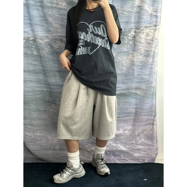 [UNISEX/기획특가/소장추천!/3size!]사이드 폴드 핀턱 포인트 루즈 와이드 벌룬 버뮤다 하프 트레이닝 팬츠(2color) 상세 이미지 40