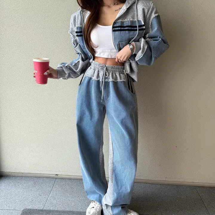[단독진행*/힙샵추천템/반팔버전추가] 힙 믹스 반반 데님 두줄 라인 테슬 포켓 카고 크롭 후드 집업 + 하이 밴딩 레이어드 배색 와이드 팬츠 트레이닝 세트 (2COLOR) 상세 이미지 10