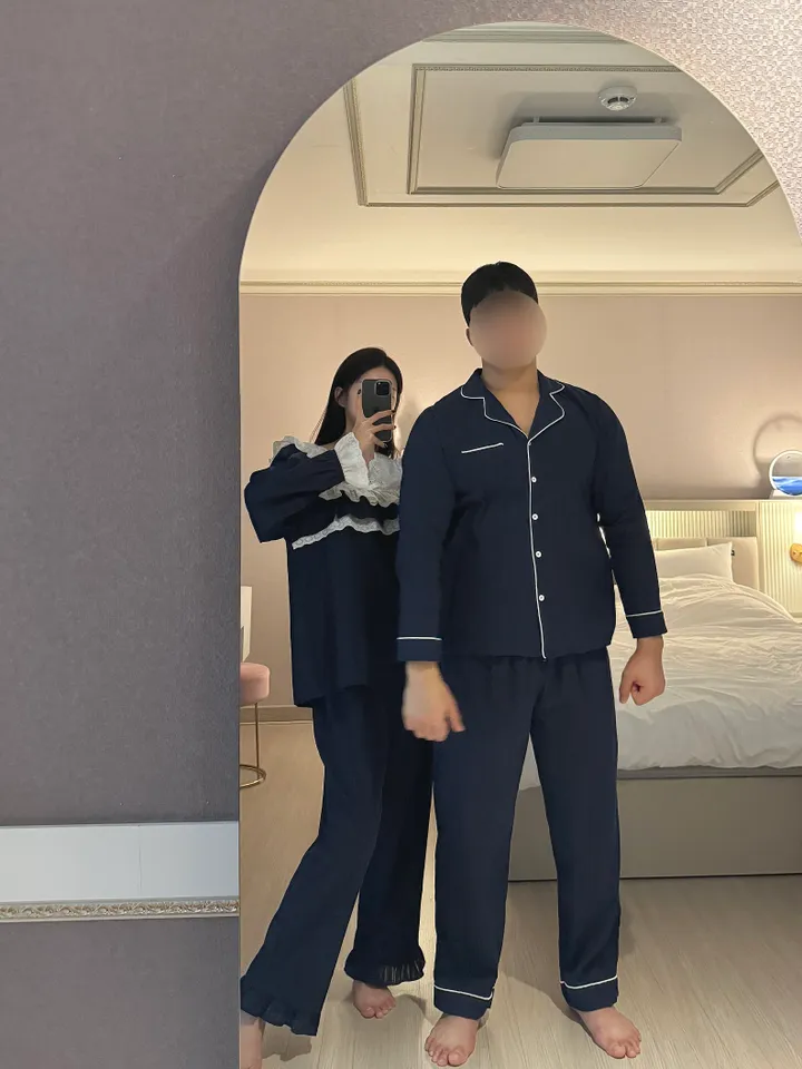 [단품가능] 네이비 코튼 커플 투피스 잠옷 세트 봄 가을 홈웨어 파자마 상세 이미지 5