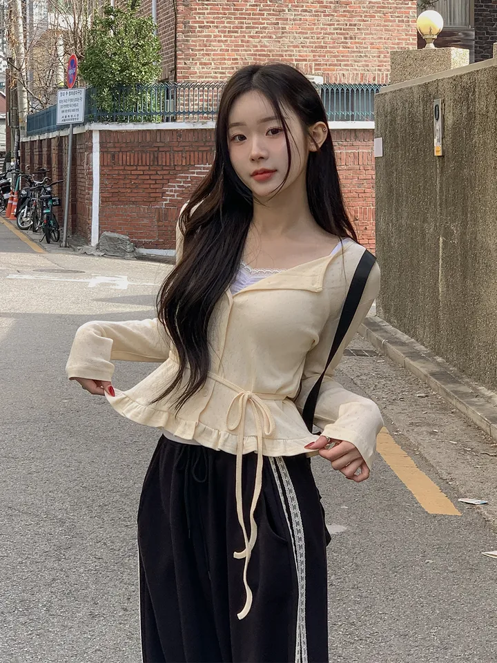 [머플러set/파스텔색감] 아투 라운드넥 펀칭 아일렛 프릴 여리핏 긴팔 가디건 3colors 상세 이미지 17