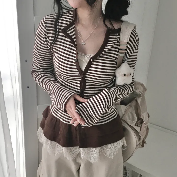 [하트단추🖤/스카시 펀칭] 말라핏 스트라이프 프릴 가디건 상세 이미지 27