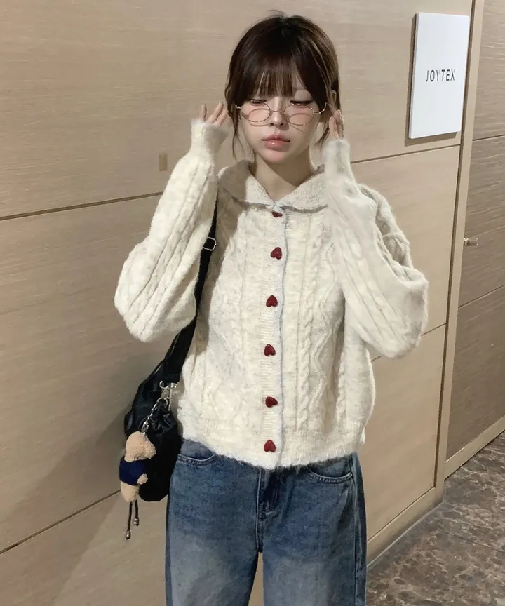 [MD추천✨러블리] 우토 하트 단추 카라 배색 니트 가디건 봄 가을 / 니트가디건 가디건 봄가디건 아우터 바람막이 청자켓 뮤잉 상세 이미지 25
