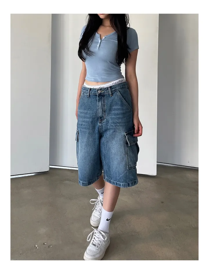 [UNISEX] 카고 데님 청 워싱 버뮤다 반바지 팬츠 (2color) 상세 이미지 11