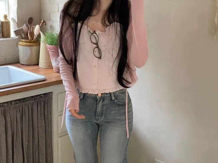 6color 루니 여리핏 리본 시스루 롱슬리브 가디건 상세 이미지 40