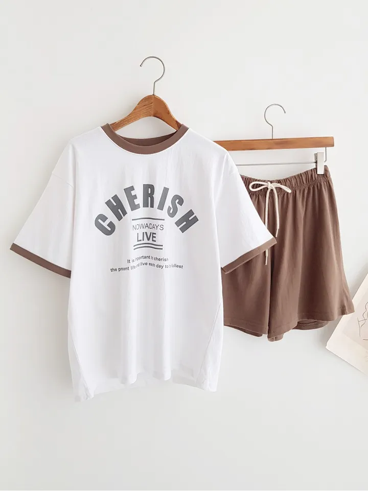 [데일리SET] 꾸안꾸 배색 포인트 레터링 프린트 반팔 티셔츠 밴딩 반바지 여름홈웨어 파자마세트 여름추리닝 트레이닝세트 여름휴가 바캉스룩 물놀이패션 휴양지룩 동남아여행룩 상세 이미지 12