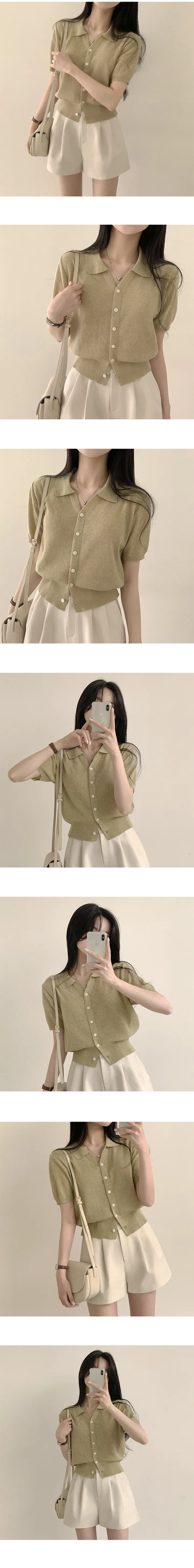 [린넨,쿨링소재!/여리여리~] 허리잘록- 썸머 린넨 카라 크롭 반팔 니트가디건 (7color) 상세 이미지 7
