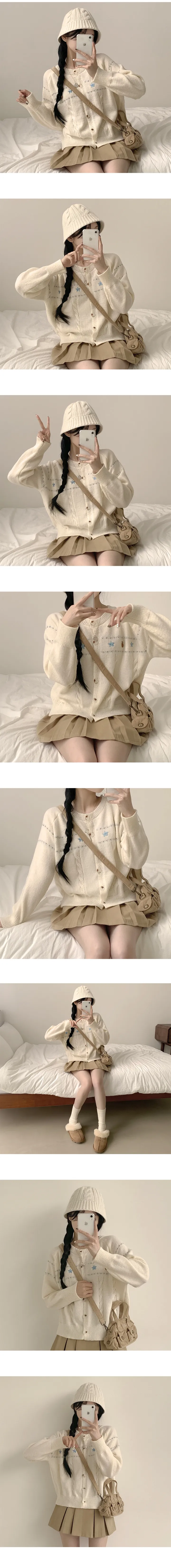 [러블리~/자수포인트!] 귀여움 가득, 꽈배기 라운드 자수 루즈핏 긴팔 니트가디건 (3color) 상세 이미지 2