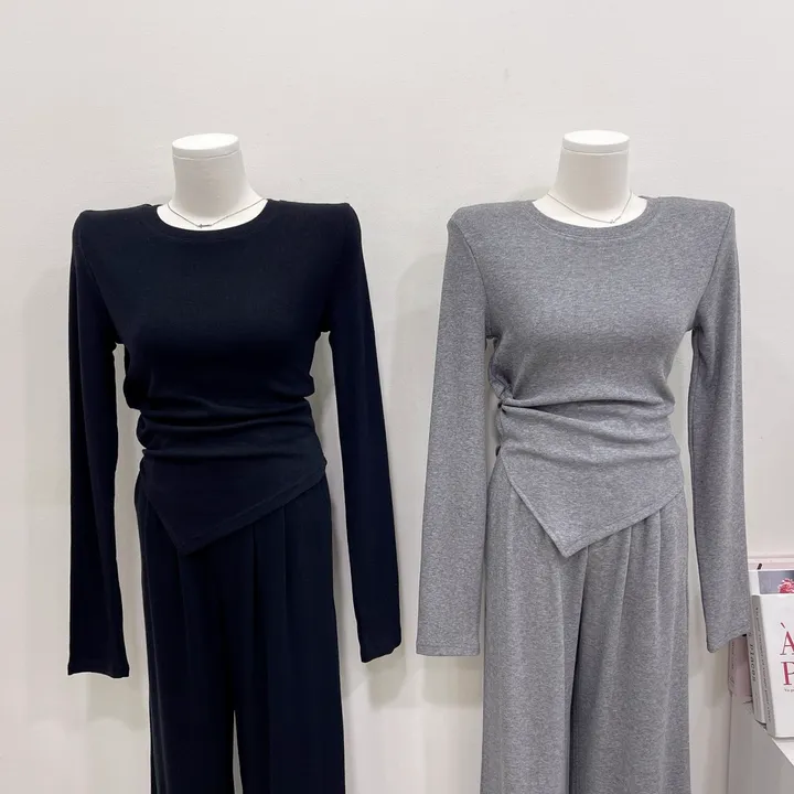 [글램핏/set]*핏보장* 봄신상 간절기까지 쭉~ 꼬임 언발 사선 슬림핏 핀턱 와이드팬츠 밴딩슬랙스 버튼 지퍼 하객룩 캐주얼  소재탄탄 꾸안꾸 데일리 멜팅 투피스 세트 3color 상세 이미지 11