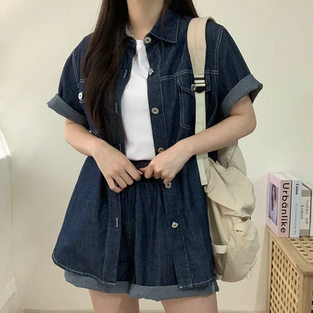 청청 오버핏 생지 데님 반팔 셔츠 남방 & 밴딩 숏 데님 팬츠 SET 상세 이미지 6