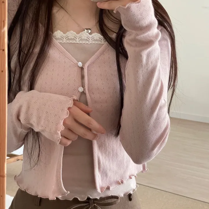 레이블 물결 여리핏 플라워 펀칭 브이넥 롱슬리브 버튼 가디건 3color 상세 이미지 25