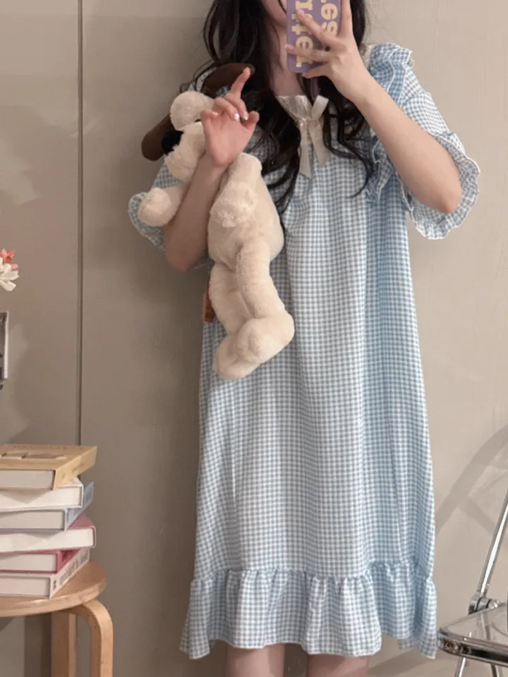 [당일출고/3컬러] 루즈핏 귀여운 스몰 체크 오버핏 반팔 원피스 파자마 잠옷_반팔ops_ver 상세 이미지 31